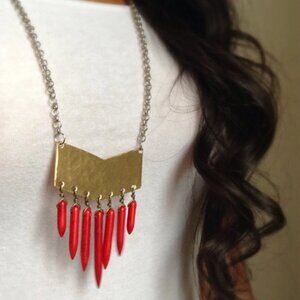 Red Spike Gold Chevron Long Pendant Necklace Handmade Boho Chic